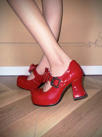 UBORYA Red Patent Leather Mary Jane Platform Heels – Sweet & Bold Chunky Heel Shoes for Women | 8cm / 3.15in Block Heel | Oversized Bow & Buckle Detail | Round Toe Pumps