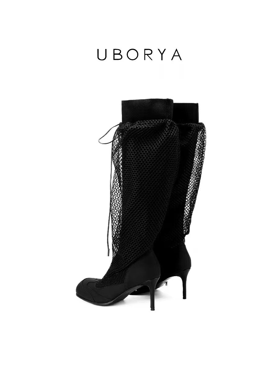 UBORYA Black Fishnet Gothic Punk Peep Toe Ankle Boots 7cm Stiletto