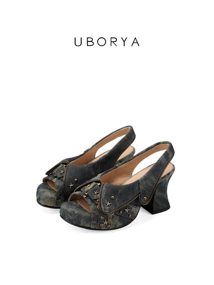 UBORYA Washed Denim Platform Slingback Heels - Peep Toe Star Stud Zipper Detail Sculptural Heel Sandals