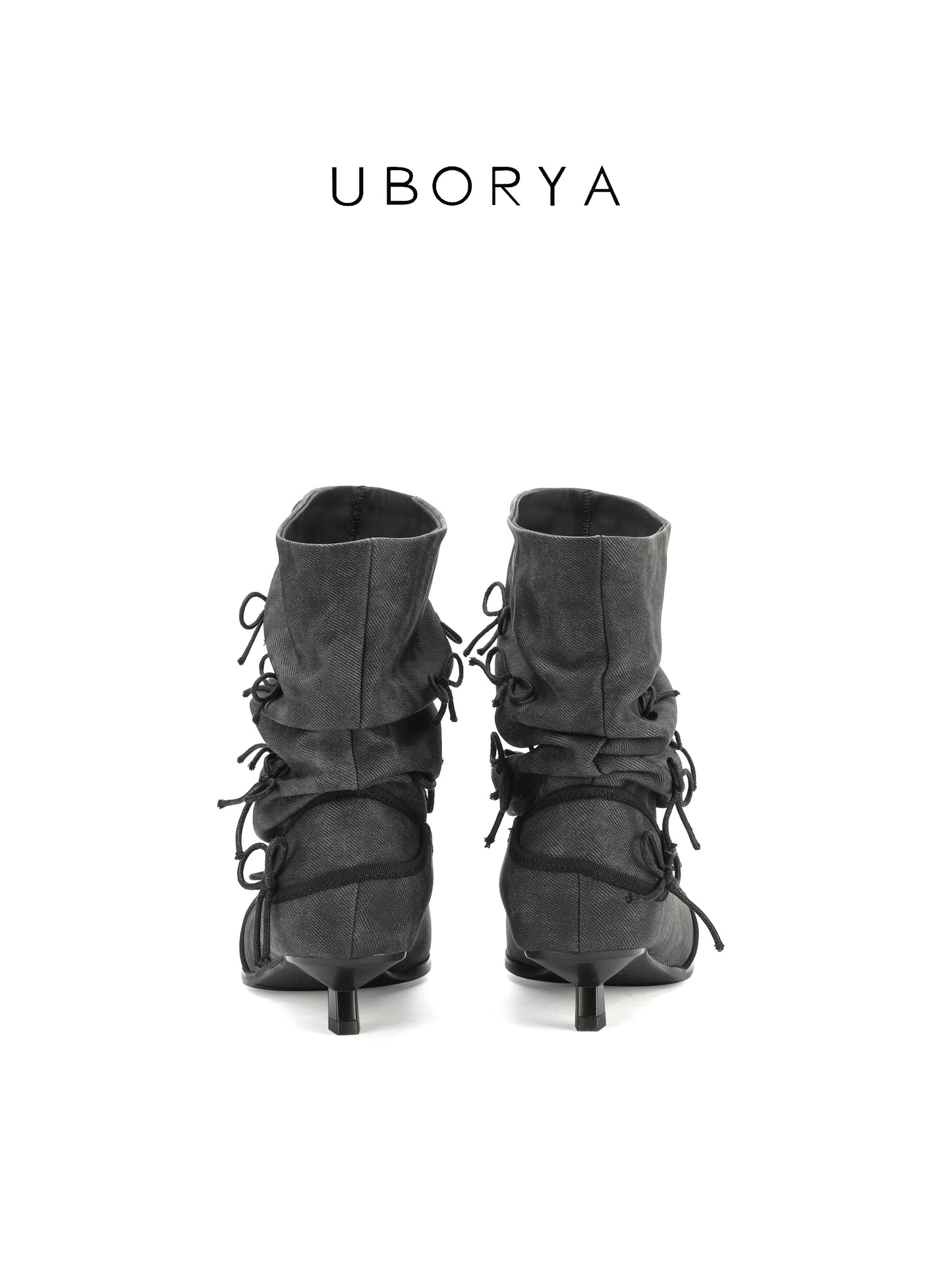 UBORYA Grey Denim Slouchy Ankle Boots with Bows – Square Toe Kitten Heel Booties for Women | Ruched Shaft | Mini Bow Accents | Grunge Y2K Denim Boots