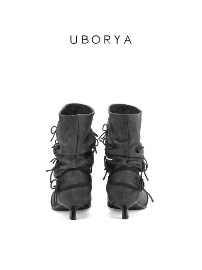 UBORYA Grey Denim Slouchy Ankle Boots with Bows – Square Toe Kitten Heel Booties for Women | Ruched Shaft | Mini Bow Accents | Grunge Y2K Denim Boots