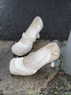 UBORYA Off‑White Mary Jane Stiletto Heels, Suede Mesh Panel Bow Detail