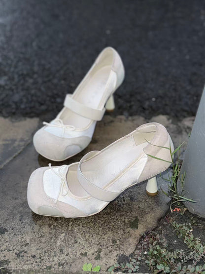 UBORYA Off-White Mary Jane Stiletto Heels - Suede Mesh Panel Round Toe Bow Detail Pumps