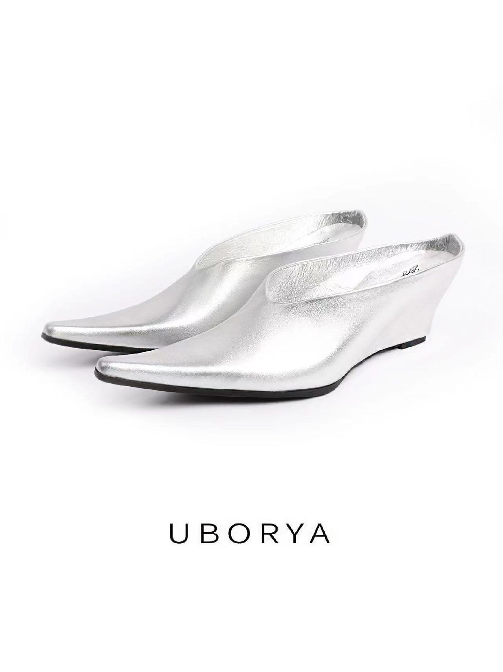 UBORYA Metallic Silver Pointed Toe Wedge Mules Y2K Avant‑Garde Kitten Heel