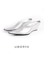 UBORYA Metallic Silver Pointed Toe Wedge Mules Y2K Avant‑Garde Kitten Heel