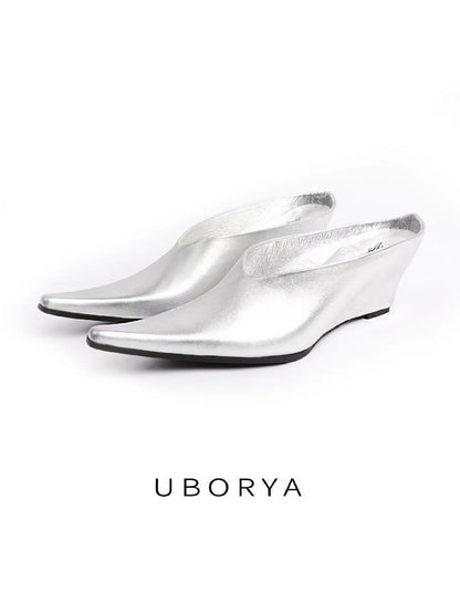 UBORYA Metallic Silver Pointed Toe Wedge Mules — Futuristic Satin Kitten Heel Slippers for Avant-Garde, Y2K & Minimalist Fashion