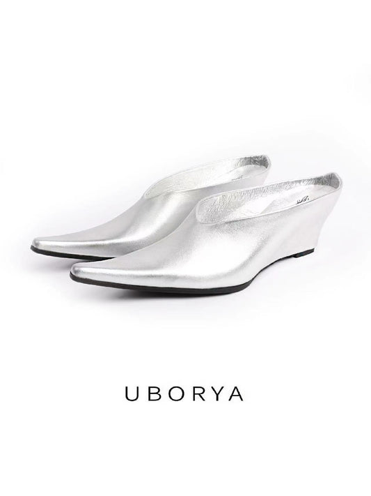 UBORYA Metallic Silver Pointed Toe Wedge Mules — Futuristic Satin Kitten Heel Slippers for Avant-Garde, Y2K & Minimalist Fashion