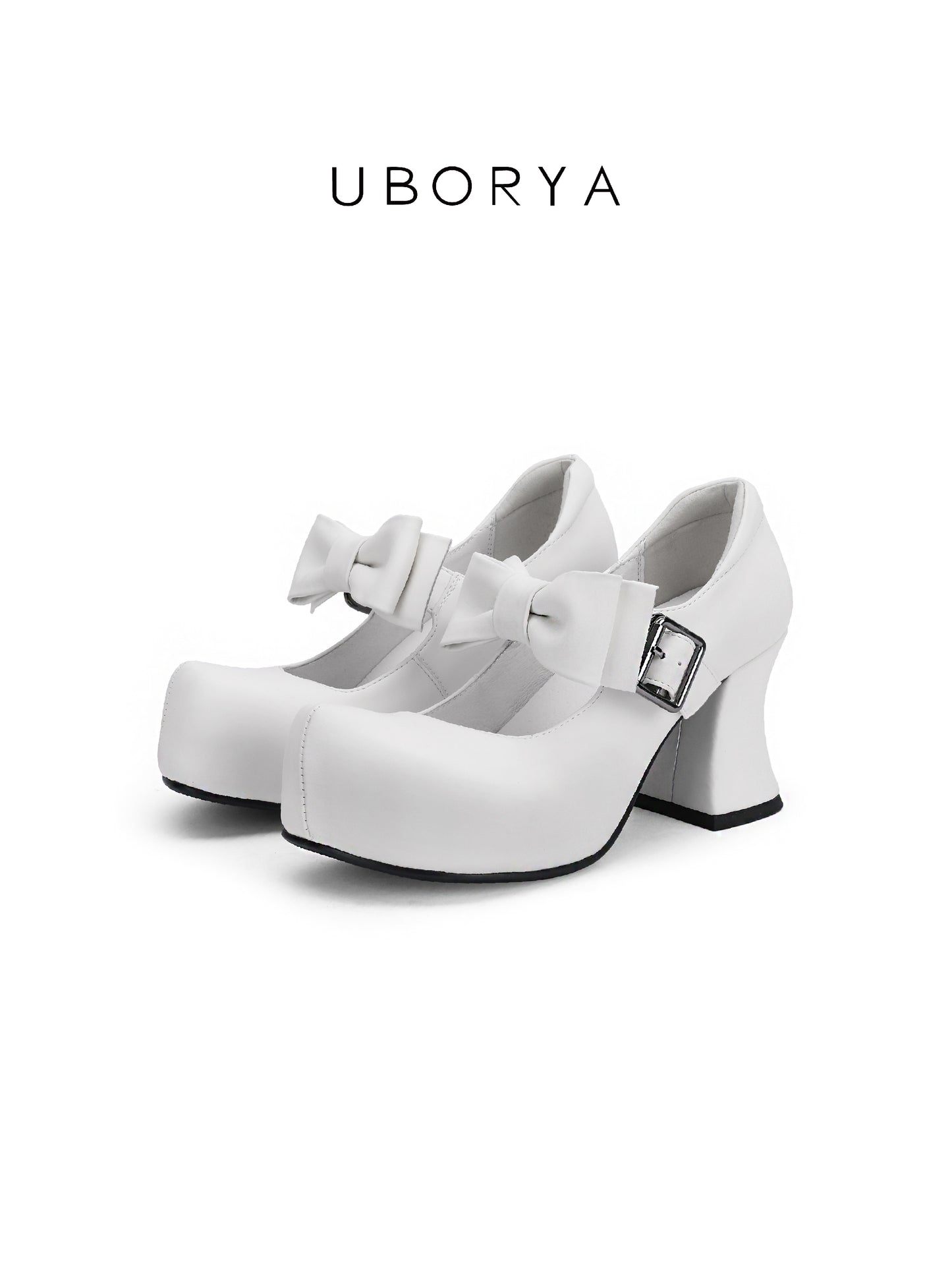 UBORYA White Bow Mary Jane Platform Heels – Sweet Kawaii Block Heel Shoes for Women | 8cm / 3.15in Chunky Heel | Oversized Bow & Buckle Detail | Round Toe Pumps