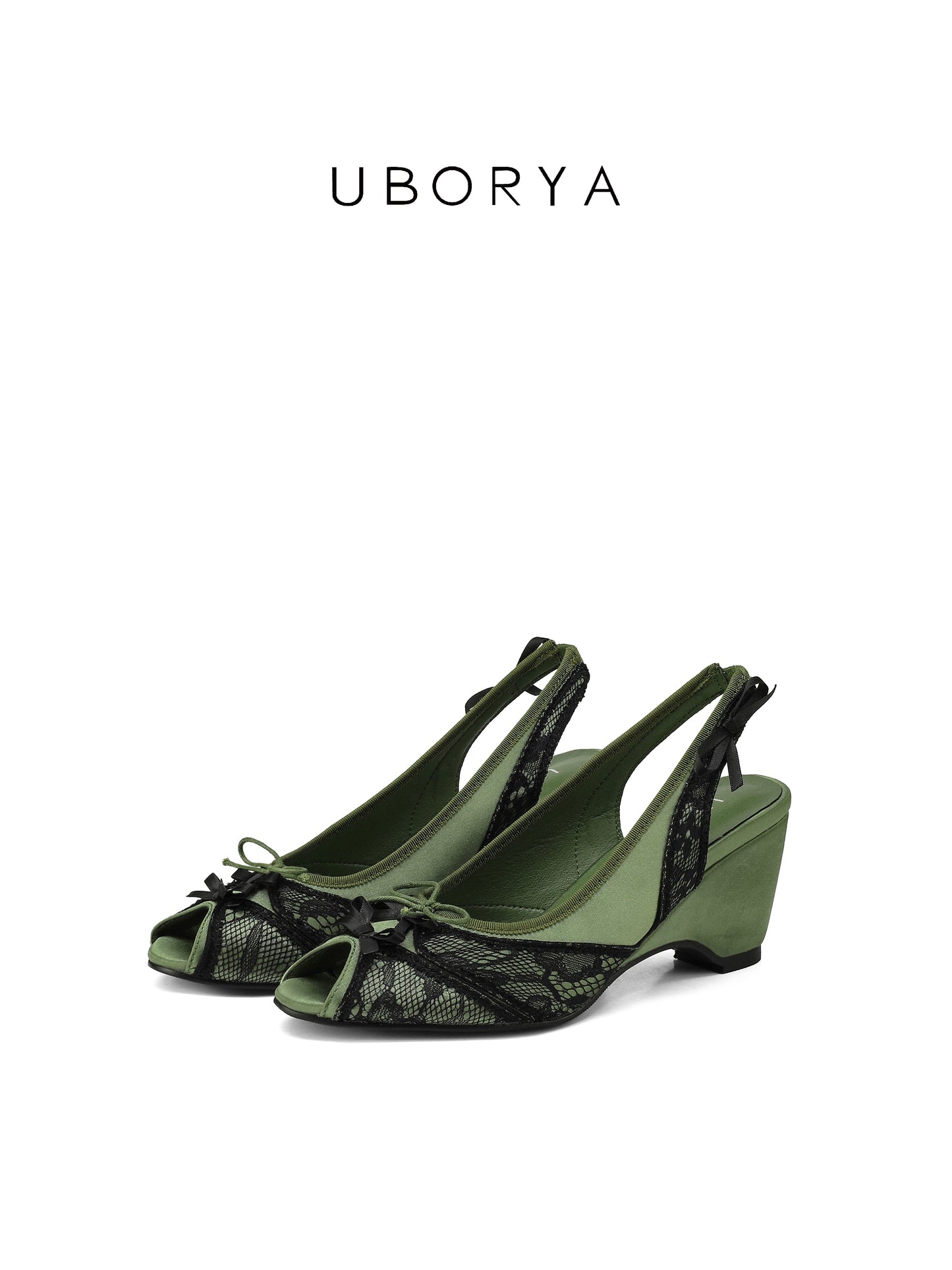 UBORYA Olive Green Slingback Peep-Toe Shoes with Black Lace Overlay – Low Wedge Heel Pumps for Women | Dark Academia Bows | Vintage Garden Heels