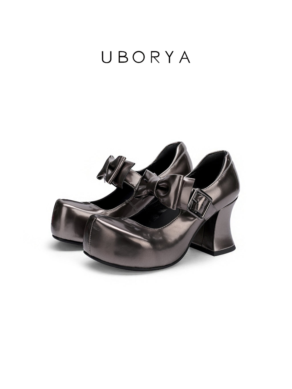 UBORYA Metallic Taupe Dark Academia Mary Jane Platform Heels, Oversized Bow & Buckle Square Toe