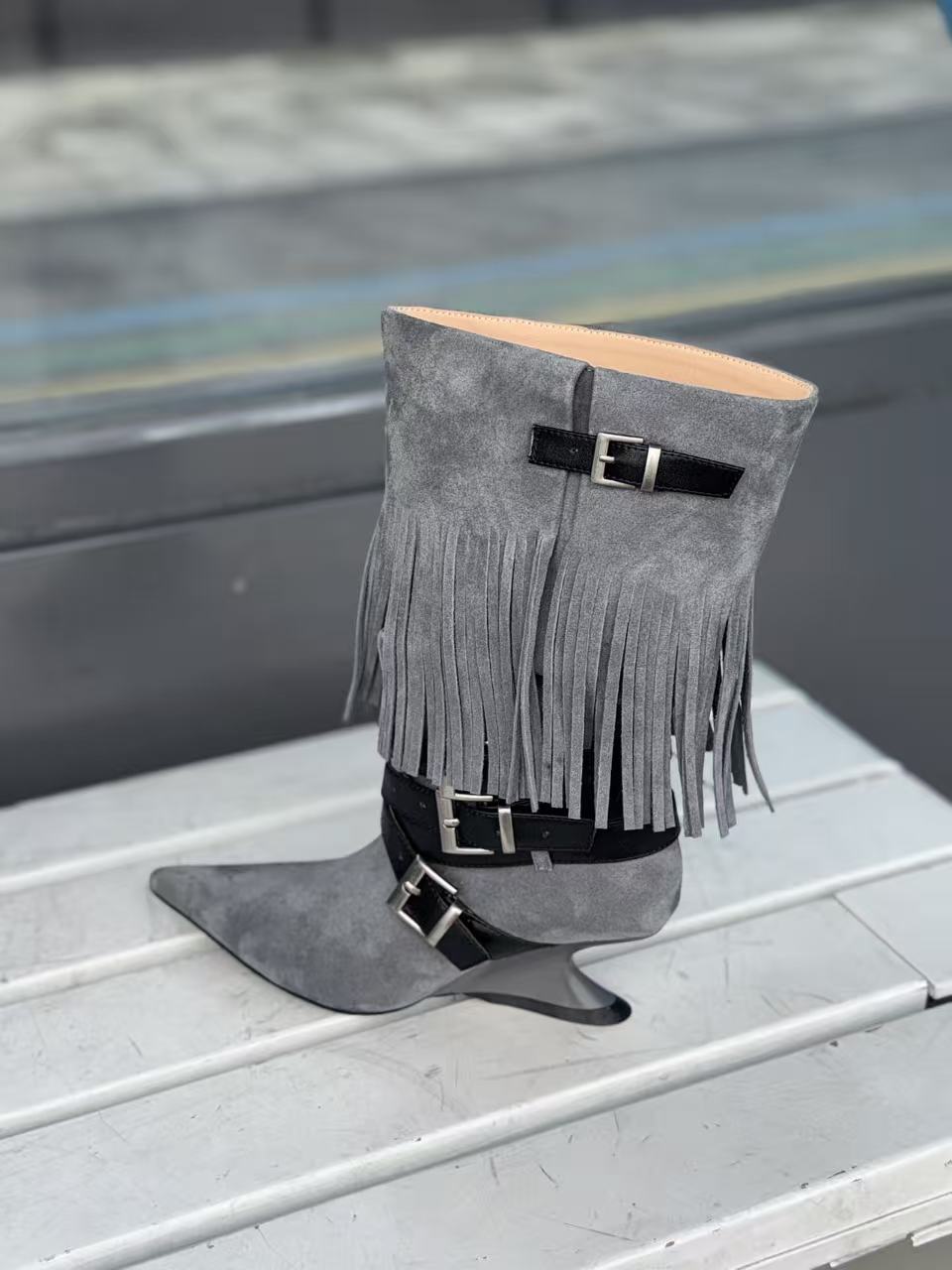 UBORYA Grey Blue Suede Fringe Mid-Calf Boots with Buckle Straps – Sculptural Wedge Heel Boots for Women | Pointed Toe | Western Avant-Garde Booties