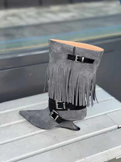 UBORYA Grey Blue Suede Fringe Mid-Calf Boots with Buckle Straps – Sculptural Wedge Heel Boots for Women | Pointed Toe | Western Avant-Garde Booties