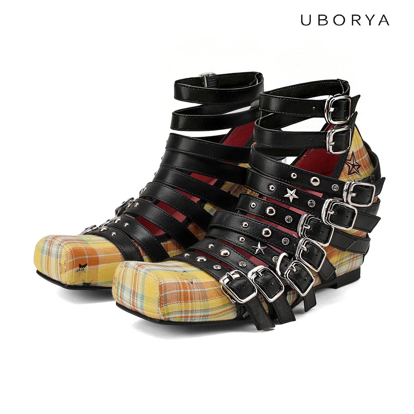 UBORYA Yellow Plaid Gladiator Shoes with Multi-Strap Black Harness – Silver Buckle Studded Punk Prep Footwear for Women | Star Accents | Square Toe