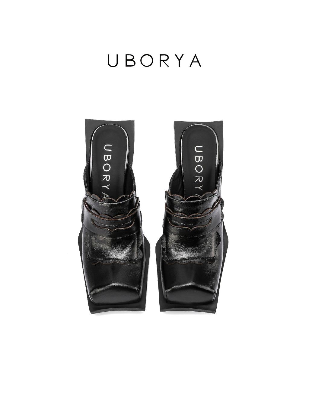 UBORYA Black Sculptural Avant‑Garde Mules 8cm Geometric Block Heel