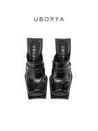 UBORYA Black Sculptural Avant‑Garde Mules 8cm Geometric Block Heel