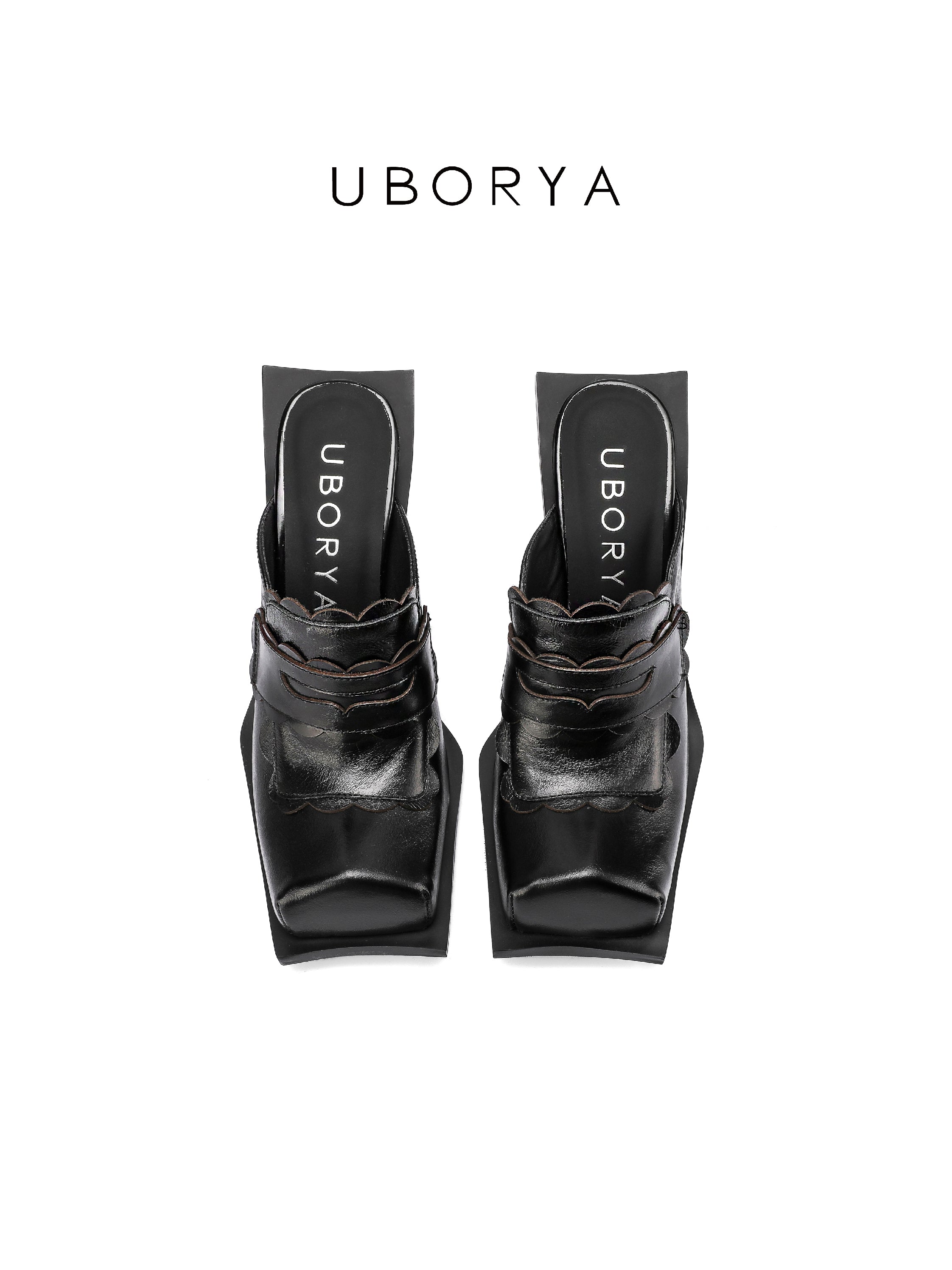 UBORYA Black Sculptural Avant‑Garde Mules 8cm Geometric Block Heel