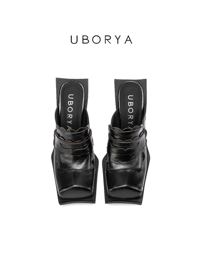 UBORYA Black Sculptural Mules – Avant-Garde Scalloped Pumps for Women | 8cm / 3.1in Geometric Block Heel | Glossy Patent Leather | Edgy Modern Mule Sandals