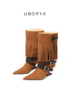 UBORYA Tan Suede Fringe Mid-Calf Boots with Buckle Straps