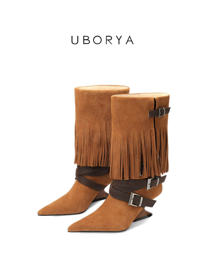 UBORYA Tan Suede Fringe Mid-Calf Boots with Buckle Straps – Sculptural Wedge Heel Boots for Women | Pointed Toe | Western Boho Booties