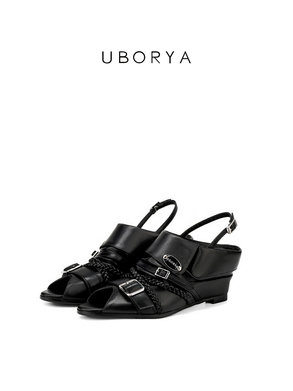 UBORYA Black Leather Braided Slingback Wedge Sandals