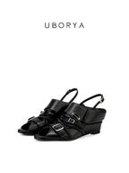 UBORYA Black Leather Braided Slingback Wedge Sandals