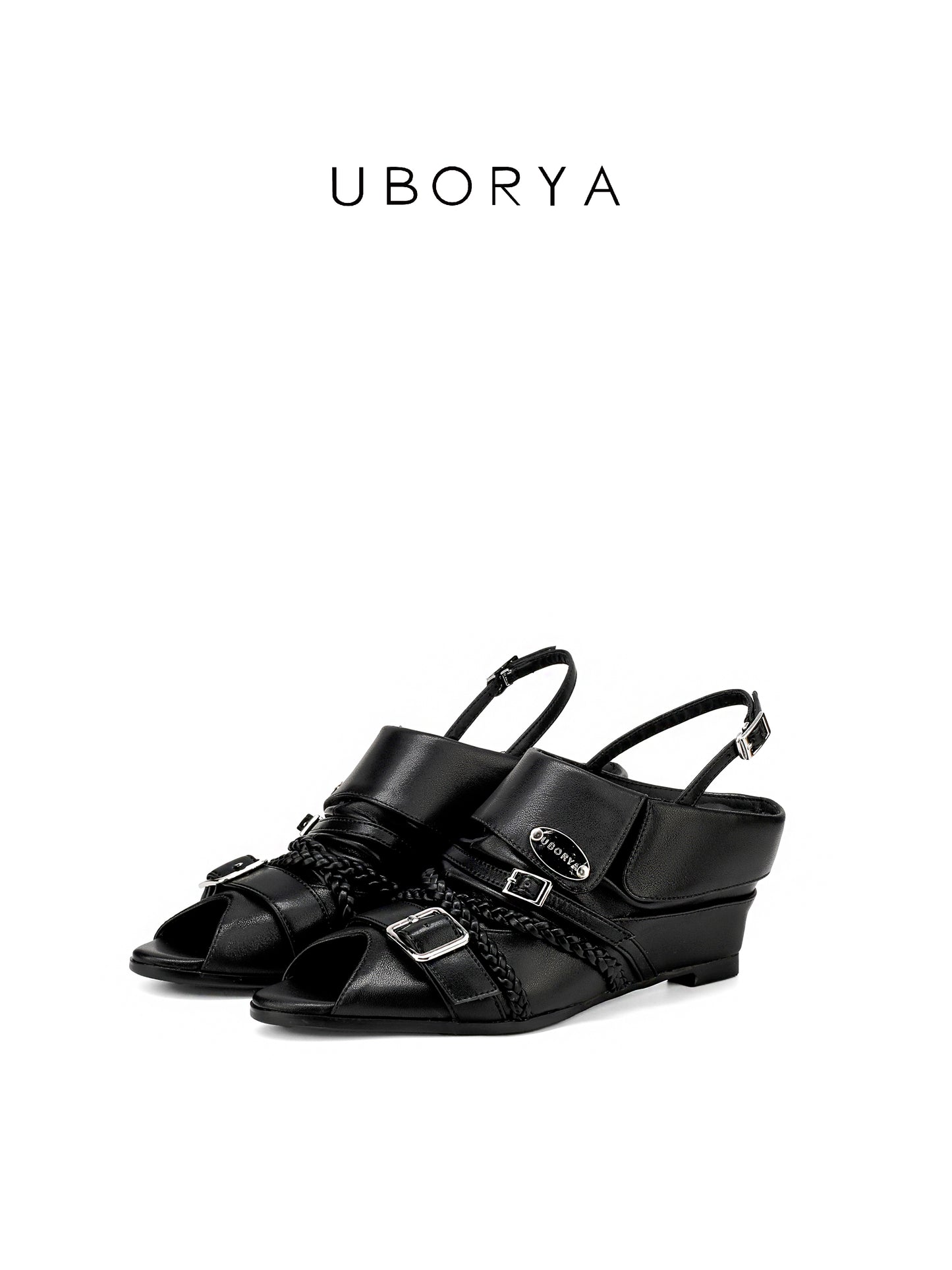 UBORYA Black Leather Slingback Peep-Toe Shoes with Braided Straps & Silver Buckles – Low Wedge Heel Pumps for Women | Edgy Utility Sandals | Punk Glam Footwear