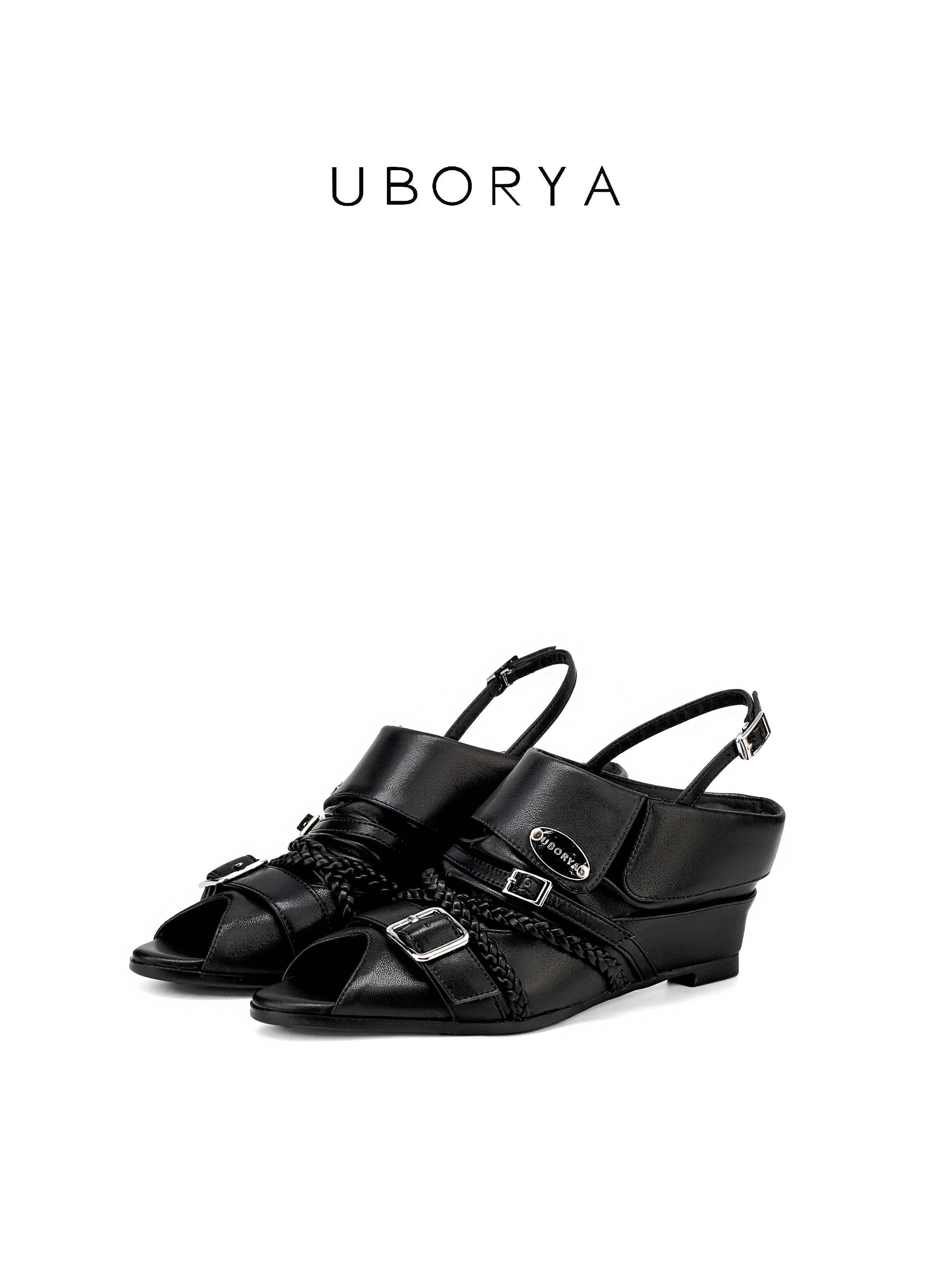 UBORYA Black Leather Braided Slingback Wedge Sandals