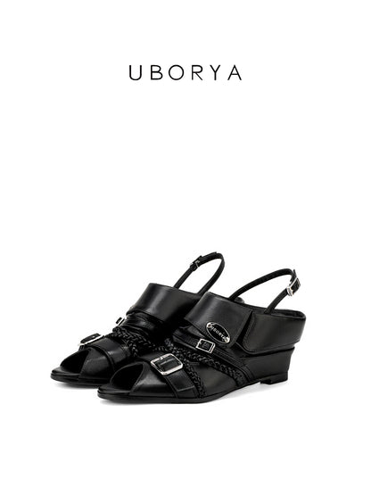 UBORYA Black Leather Slingback Peep-Toe Shoes with Braided Straps & Silver Buckles – Low Wedge Heel Pumps for Women | Edgy Utility Sandals | Punk Glam Footwear
