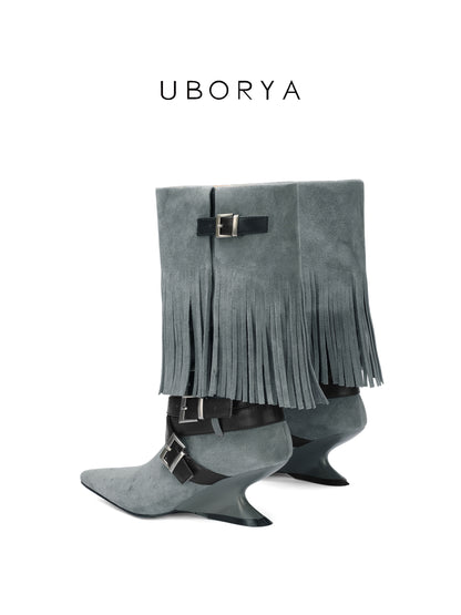 UBORYA Grey Blue Suede Fringe Mid-Calf Boots with Buckle Straps – Sculptural Wedge Heel Boots for Women | Pointed Toe | Western Avant-Garde Booties