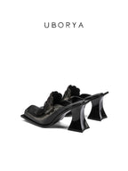 UBORYA Black Sculptural Avant‑Garde Mules 8cm Geometric Block Heel