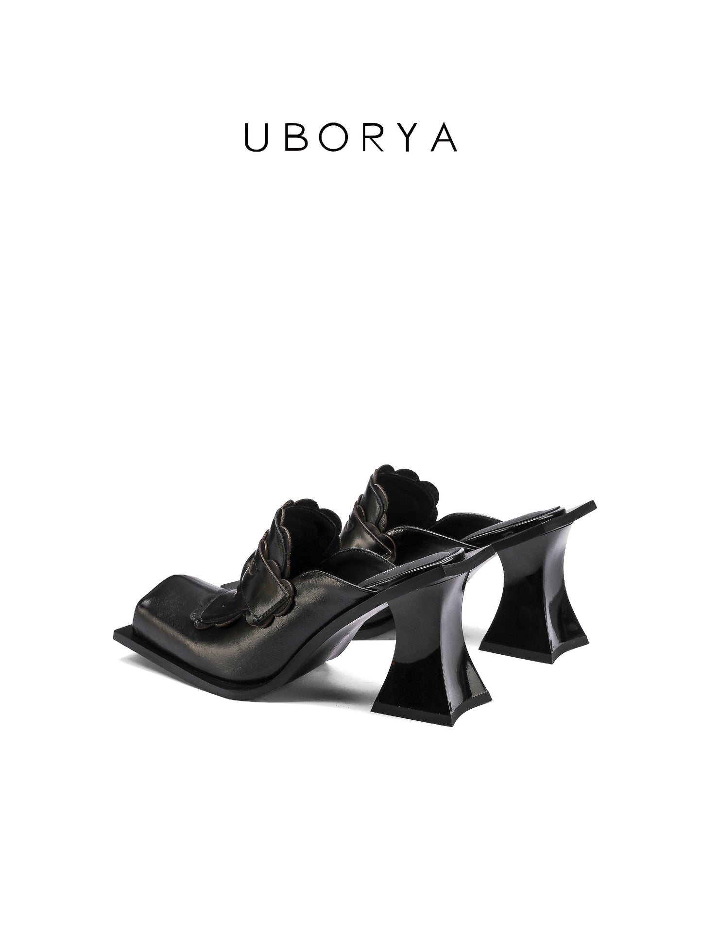UBORYA Black Sculptural Mules – Avant-Garde Scalloped Pumps for Women | 8cm / 3.1in Geometric Block Heel | Glossy Patent Leather | Edgy Modern Mule Sandals