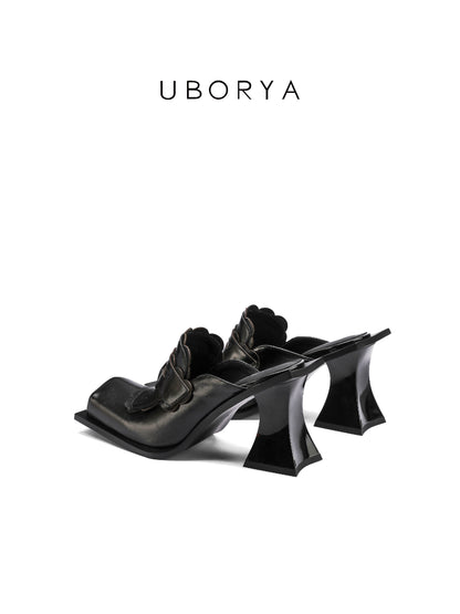 UBORYA Black Sculptural Mules – Avant-Garde Scalloped Pumps for Women | 8cm / 3.1in Geometric Block Heel | Glossy Patent Leather | Edgy Modern Mule Sandals