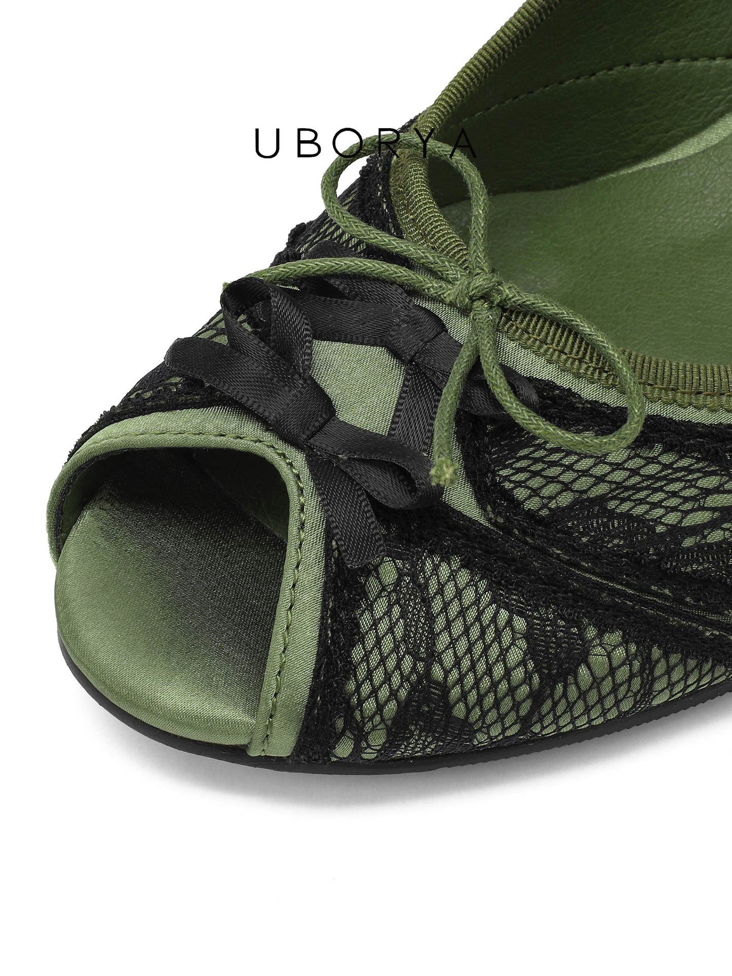 UBORYA Olive Green Slingback Peep-Toe Shoes with Black Lace Overlay – Low Wedge Heel Pumps for Women | Dark Academia Bows | Vintage Garden Heels