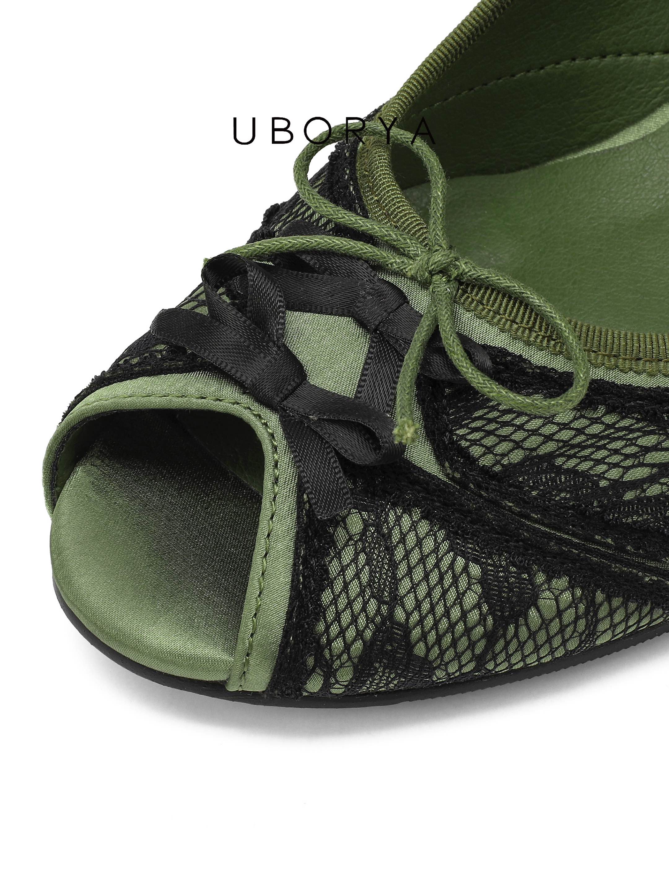 UBORYA Olive Green Lace Slingback Wedge Sandals with Bow Details