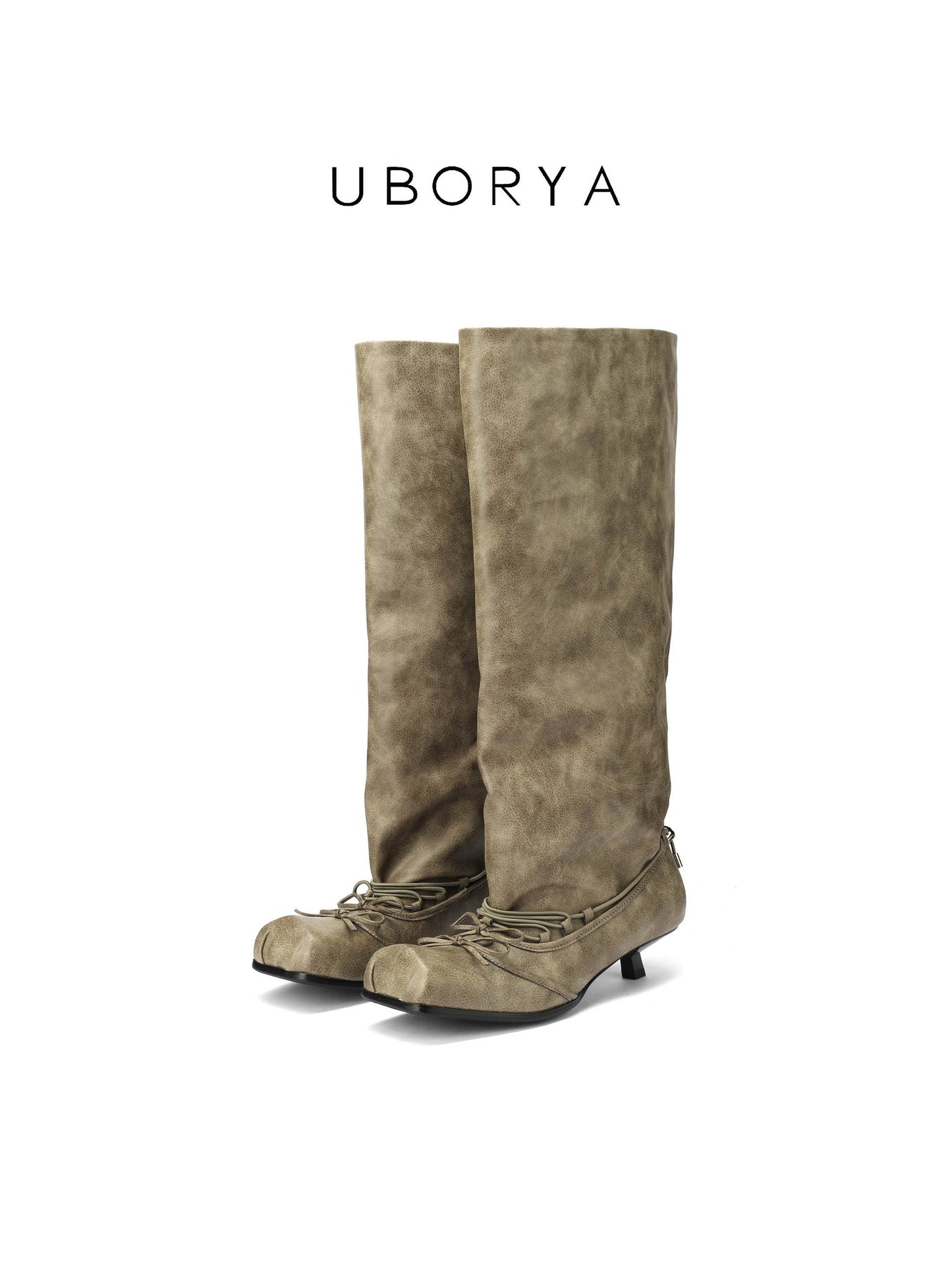 UBORYA Khaki Suede Slouchy Knee-High Boots with Bows – Square Toe Kitten Heel Boots for Women | Ruched Shaft | Side Zipper | Earthy Avant-Garde Booties