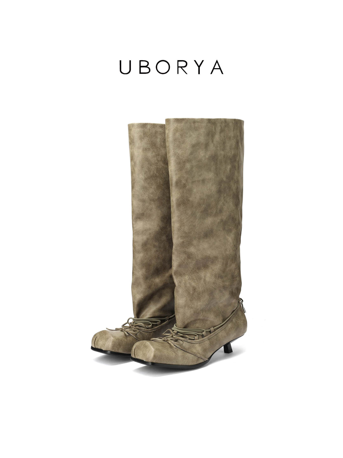 UBORYA Khaki Suede Slouchy Knee-High Boots with Bow Details