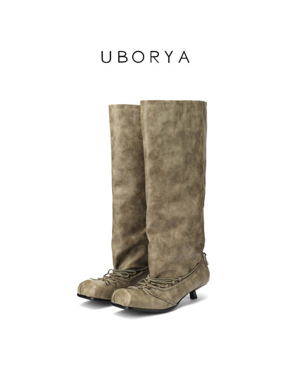 UBORYA Khaki Suede Slouchy Knee-High Boots with Bows – Square Toe Kitten Heel Boots for Women | Ruched Shaft | Side Zipper | Earthy Avant-Garde Booties