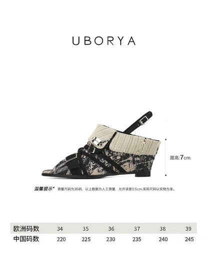 UBORYA Abstract Print Slingback Peep-Toe Shoes with Braided Straps & Silver Buckles – Low Wedge Heel Pumps for Women | Avant-Garde Cuff Sandals | Artistic Utility Footwear