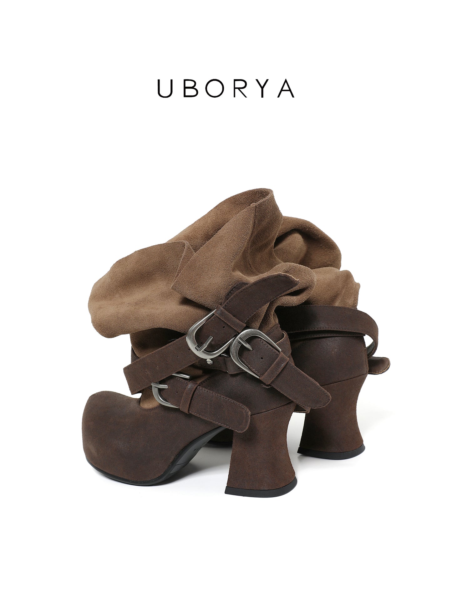 UBORYA Brown Suede Slouchy Ankle Boots with Buckle Straps – Sculptural Chunky Heel Boots for Women | Ruched Shaft | Square Toe | Western Punk Booties