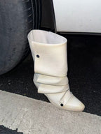 UBORYA Off White Sculptural Slouch Boots 6cm Block Heel Metal Eyelets Faux Leather