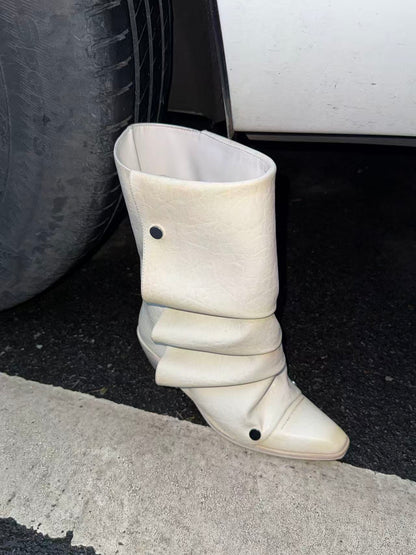 UBORYA Off-White Sculptural Slouchy Boots for Women | 6cm Block Heel Ankle Boots with Metal Eyelets | Soft Faux Leather | Chic Western Modern Style