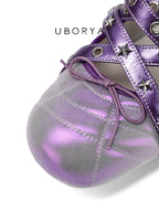 UBORYA Metallic Purple Gradient Crisscross Round Toe Ballet Flats Star Stud Detail