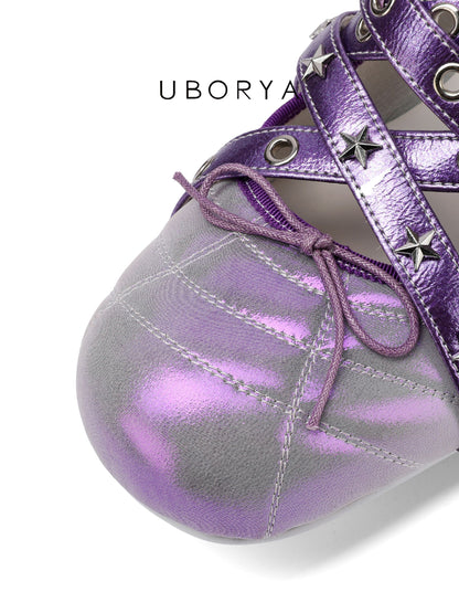 UBORYA Metallic Purple Gradient Crisscross Ballet Flats - Star Stud Detail Round Toe Flat Shoes