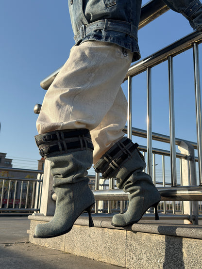 UBORYA Denim Slouchy Knee-High Boots with Black Buckle Straps – Sculptural Kitten Heel Boots for Women | Distressed Jean Booties | Avant-Garde Denim Punk Footwear