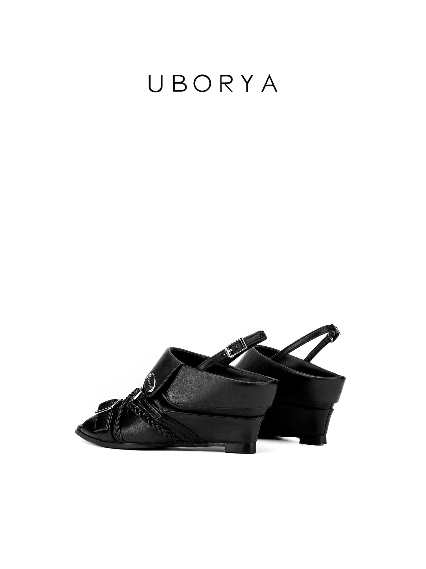 UBORYA Black Leather Slingback Peep-Toe Shoes with Braided Straps & Silver Buckles – Low Wedge Heel Pumps for Women | Edgy Utility Sandals | Punk Glam Footwear