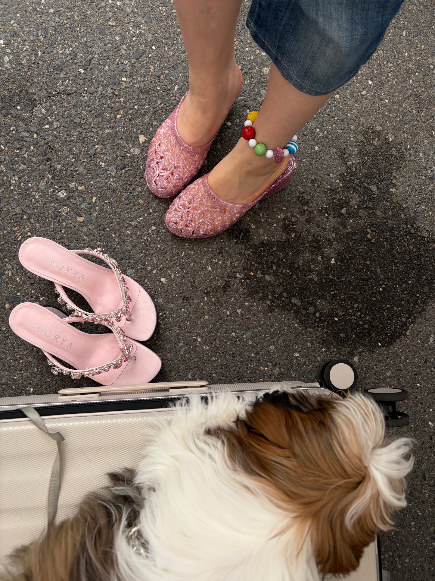 UBORYA Pink Rhinestone Thong Sandals – Glamorous Platform Heels for Women | 8cm / 3.15in Chunky Heel | Crystal Embellished Straps | Square Toe Slip-On Mules