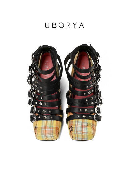 UBORYA Yellow Plaid Gladiator Shoes with Multi-Strap Black Harness – Silver Buckle Studded Punk Prep Footwear for Women | Star Accents | Square Toe