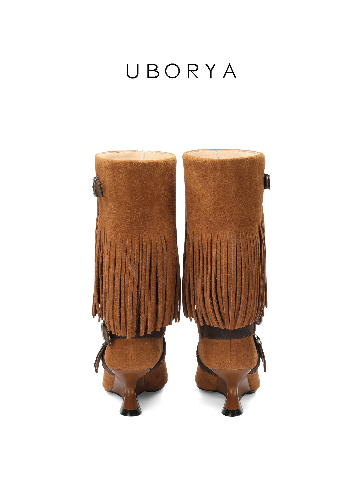 UBORYA Tan Suede Fringe Mid-Calf Boots with Buckle Straps – Sculptural Wedge Heel Boots for Women | Pointed Toe | Western Boho Booties