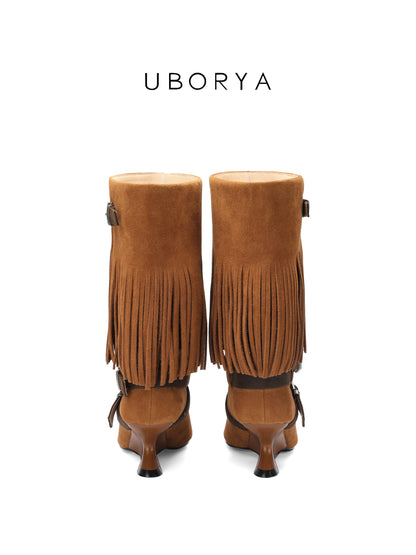 UBORYA Tan Suede Fringe Mid-Calf Boots with Buckle Straps – Sculptural Wedge Heel Boots for Women | Pointed Toe | Western Boho Booties