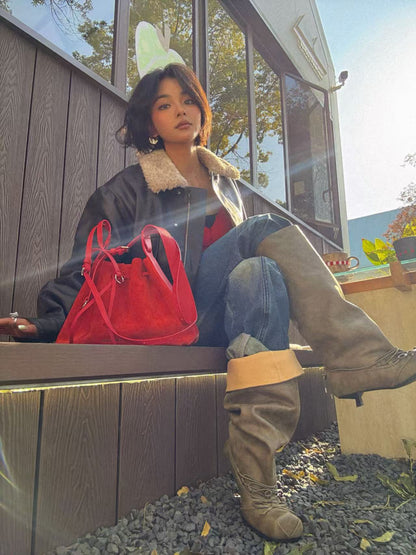 UBORYA Khaki Suede Slouchy Knee-High Boots with Bows – Square Toe Kitten Heel Boots for Women | Ruched Shaft | Side Zipper | Earthy Avant-Garde Booties